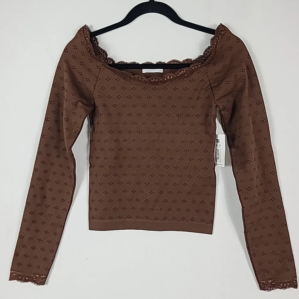 Altar'd State Knit Top Stretchy Long Sleeve Shirt Brown Lace Sz L/XL NWT $44